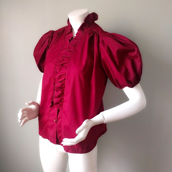 Vintage 1970s Boho Wine Huge Puff Balloon Sleeve Ruffle Blouse Shirt M v-day - Picture 2 of 7